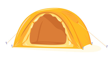 Modern oval orange tourist tent standing with open door isolated, camping equipment travel illustrationのイラスト素材