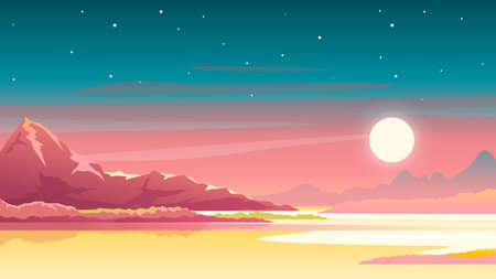 Sunset in mountains nature landscape background, sun near big red mountain and stars on skyのイラスト素材