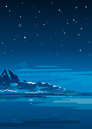 Night scene nature landscape background in mountains near lake with stars on sky, simplify night background in lines stylization A4 sizeのイラスト素材