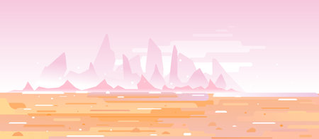 Fantastic planet surface with high sharp mountains far from the pink sky in desert, futuristic surrealism landscape background in flat style with simple linesのイラスト素材
