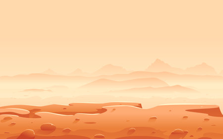 View from the edge of the rock to the valley of Mars with mountain peaks and hills, sand hills with stones on a deserted planet, space colonization panorama, landscape of Mars planetのイラスト素材