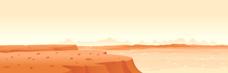 View from the edge of the rock to the valley of Mars with mountain peaks and hills, sand hills with stones on a deserted planet, space colonization panorama, landscape of Mars planetのイラスト素材