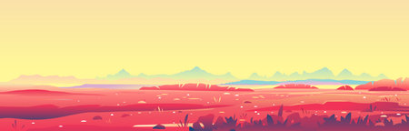 Fantastic planet surface panorama landscape background on a sunny day with red ground and plants, sand hills with stones on a deserted planet, landscape of dangerous planetのイラスト素材