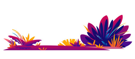 Decorative composition of fantastic plants in violet colors on ground, composition of plants on the sunny lawn in saturated ultraviolet colors, isolatedのイラスト素材