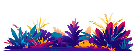 Decorative composition of fantastic jungle plants in different colors on ground, composition of plants on the sunny lawn in saturated colors, isolatedのイラスト素材