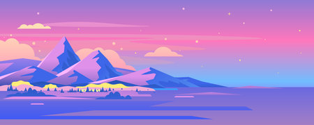 High mountain at night with spruce forest and clouds sky in simple geometric form, nature tourism landscape background, travel mountains adventure illustrationのイラスト素材