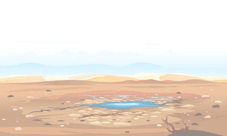 Desert landscape with cracks and stones at the bottom of the dry lake, arid deserted place without water and without plants, sand dunes to the horizon, climate change concept illustrationのイラスト素材