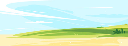 Green lawn on a sunny day for rest and picnic near the sandy shore with blue sky, place for summer holiday in the nature, summer sunny glades with field grassesのイラスト素材