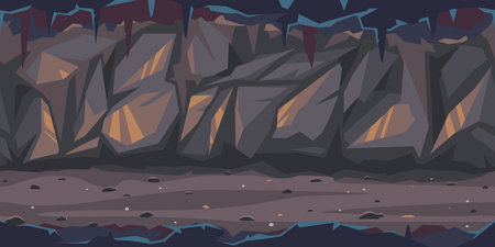 Path is crossing the dark cave game background tillable horizontally, dark terrible empty place with rock walls in side view, dangerous dungeon illustrationのイラスト素材