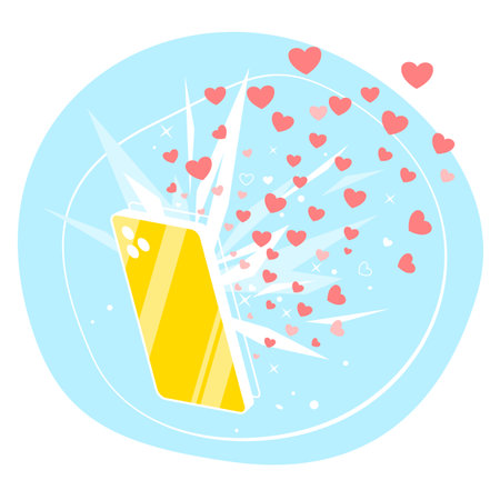 One golden smartphone with many likes hearts on social networks isolated conceptual flat illustration, from the screen of smartphone flies many hearts, popularity in social networksのイラスト素材