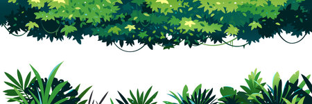 Horizontal set of green leaves with lianas placed on top isolated, jungle plants on ground isolated, decorative composition of jungle plants, dense vegetation of the jungleのイラスト素材