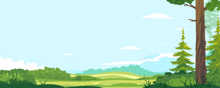 Green lawn with bushes in sunny day near spruce forest, Europe nature landscape background, hiking travel concept illustration backgroundのイラスト素材