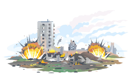 Big bomb explosions with shrapnel and fireball in city near the building, destroyed buildings ruins and concrete, war destruction concept illustration isolated on white backgroundのイラスト素材