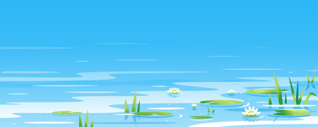 Water surface with water lily and bulrush plants nature landscape illustration, fishing place, pond with blue water with green plantsのイラスト素材