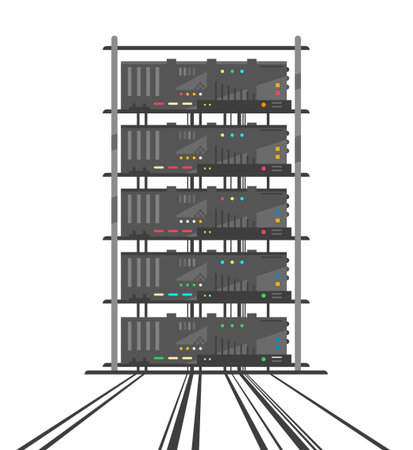 Rack of simple network servers in data center in front view with many small colored buttons in flat style, server room infrastructure isolated, cartoon servers internet cables that leading to usersのイラスト素材