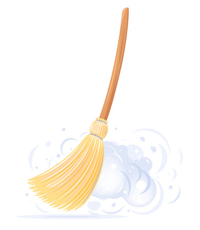 One big yellow broom sweep floor with long wooden handle and clouds of dust isolated, household implement from dust and dirtのイラスト素材
