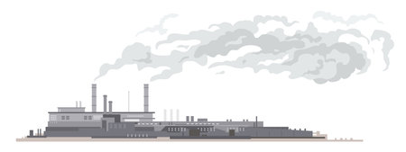 Industrial plant with long gray clouds of smoke from pipes isolated composition, factory buildings silhouette, environmental pollution, smog and fog in air, flat style isolatedのイラスト素材