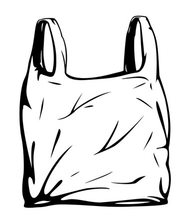 One empty plastic disposable bag with handles isolated illustration, black and white disposable bag, plastic shopping bag, plastic grocery bagのイラスト素材