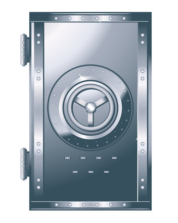 One massive metal door in front view isolated, reliable repository for saving assets, one heavy massive steel rectangular door on curtain and handle valve, entrance to the bomb shelterのイラスト素材