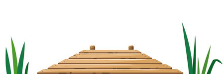 Wooden pier of boards in front view between the reeds isolated on whiteのイラスト素材