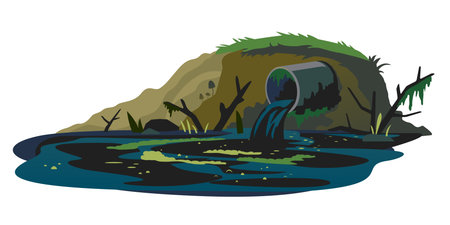 Industrial pipe on river bank discharge wastewater isolated conceptual illustration, ecological disaster, dirty toxic effluents, environmental pollution, metal pipe on the shore releases toxic wasteのイラスト素材