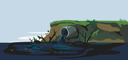 Industrial pipe on river bank discharge wastewater ecology landscape background, ecological disaster, dirty toxic effluents, environmental pollution, metal pipe on the shore releases toxic wasteのイラスト素材