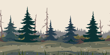 Mystical spruce forest with trunks of dead trees, game background tillable horizontally, danger wild place concept illustration background, way through a dangerous placeのイラスト素材