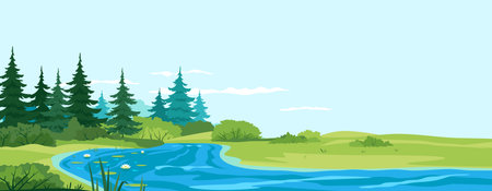 Small river flows along the forest nature landscape, scenic place for outdoor recreation, place for fishing in summer day, small winding river with white water lilies near the forestのイラスト素材