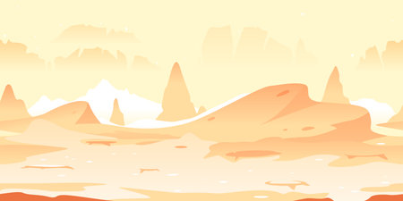 Small Martian craters with danger sharp rocks game background tillable horizontally, orange sand hills with rocks on a deserted planet with hight mountains in view from afarのイラスト素材