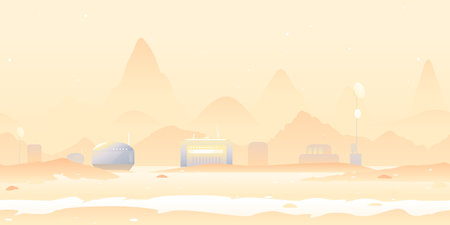 Martian landscape with Martian colony, colonization concept illustration game background tillable horizontally, orange sand hills with rocks on a deserted planet with hight mountains in view from afarのイラスト素材