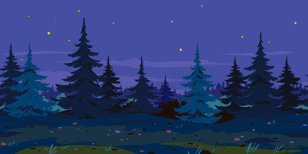 Ground trail along spruce forest at night game background tillable horizontally, tourist route at midnight near the dense spruce forest nature background, in search of dangerous forest adventuresのイラスト素材