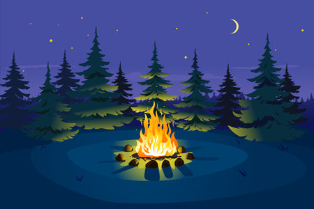 Bonfire in night spruce forest on glade and stars on sky with young moon, place for camping nature background, campfire with stones on round lawn, perfect spot to pitch tentのイラスト素材