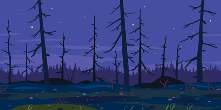 Trunks of dead trees in night forest, game background tillable horizontally, mystical spooky night forest, consequences of raising fires in forest, way through a dangerous placeのイラスト素材