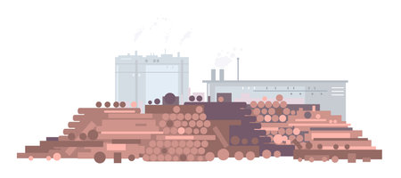 Raw wood for paper mill in flat style isolated, lumber heap with factory buildings silhouette, industrial treatment of lumber, making paper from wood pulp, deforestation ecology conceptのイラスト素材
