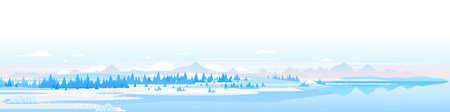 Winter nature landscape panorama with spruce-trees near the mountain lake in valley, beautiful winter day on snowy hills, forest at the foot of mountainsのイラスト素材