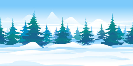Winter nature landscape with spruce trees tillable horizontally, beautiful winter day on snowy path through the forest, spruce trees in mountains, in search of forest adventuresのイラスト素材