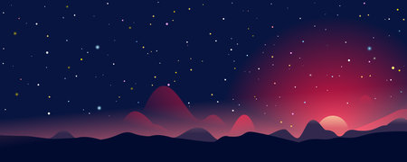 Fantastic sunrise landscape panorama among the mountains on background of starry sky, evening landscape on a fantastic planet, colonization of new planet, eps10 with blending modeのイラスト素材
