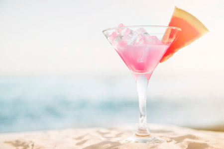 Beach background with pink cocktail and watermelonの写真素材
