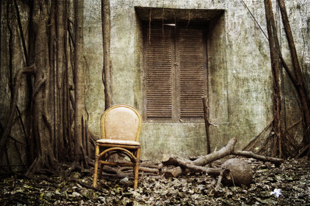 the old windows, the root and the old chair with the old wall on background - grunge and texturedの写真素材
