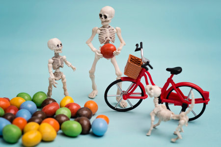 Skeleton and his skeleton kid getting chocolate candy with bicycleの写真素材