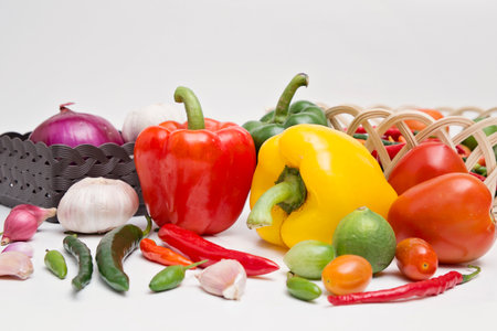 Red and green chili pepper, paprika and other spicesの写真素材