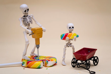 Skeleton and skeleton kid hauling lollipopの写真素材