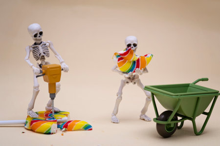 Skeleton and skeleton kid hauling lollipopの写真素材
