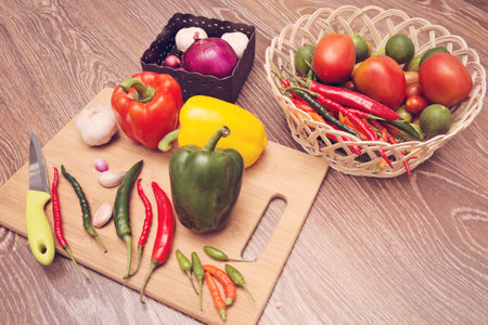 Red and green chili pepper, paprika and other spicesの写真素材