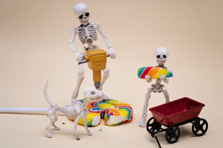 Skeleton breaking lollipop into piecesの写真素材