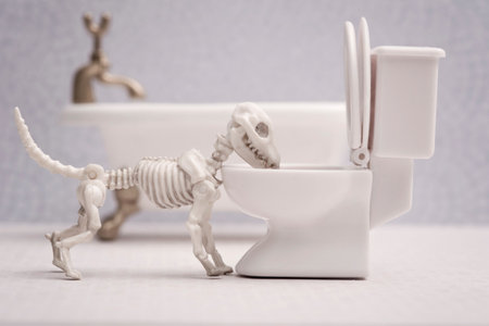 Skeleton dog drink out of toiletの写真素材