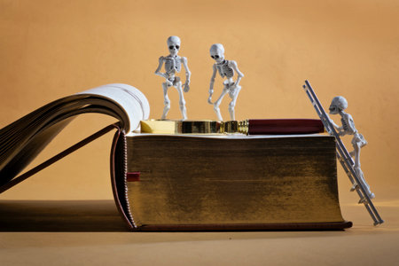 three skeletons and a thick bookの写真素材