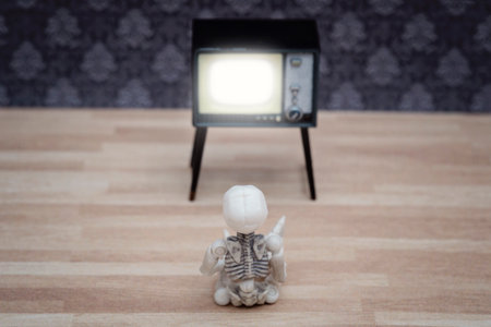 A little skeleton sitting on the floor and watching TVの写真素材