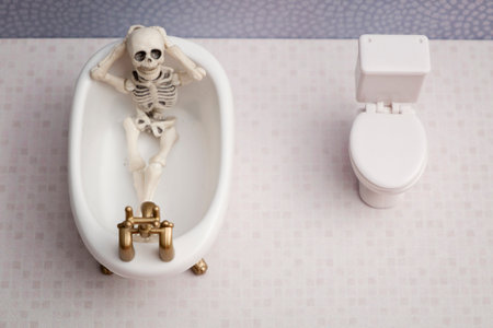 Skeleton relaxing in a bathtubの写真素材