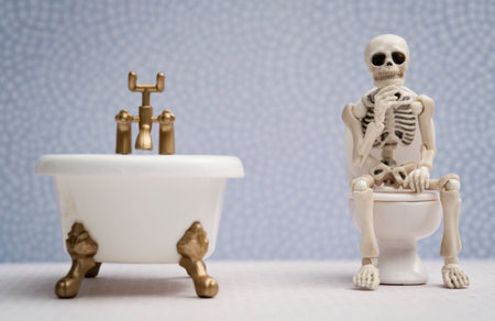 Skeleton thinking pose in a bathroomの写真素材